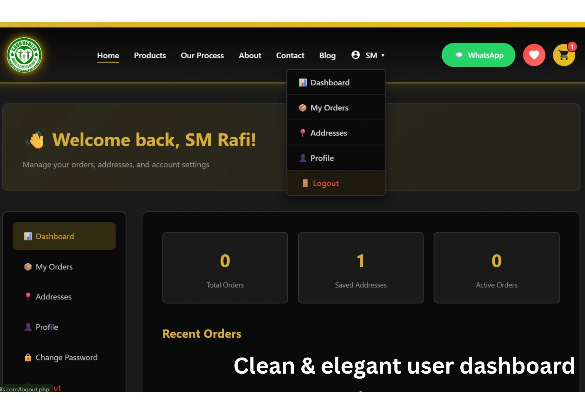 E commerce website user dashboard
