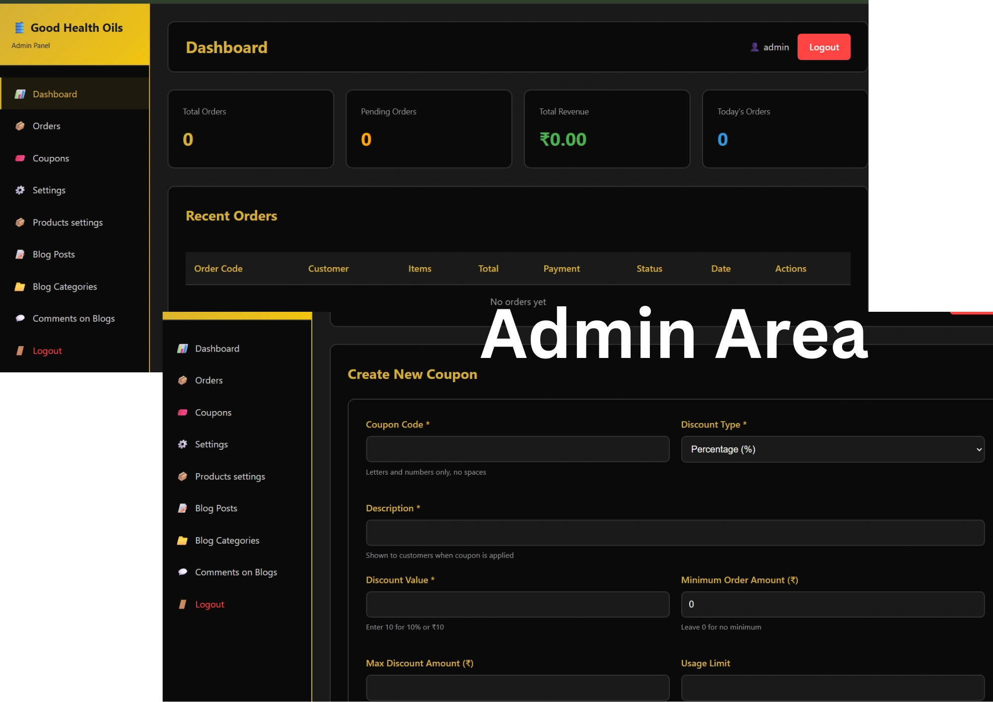E commerce website admin area