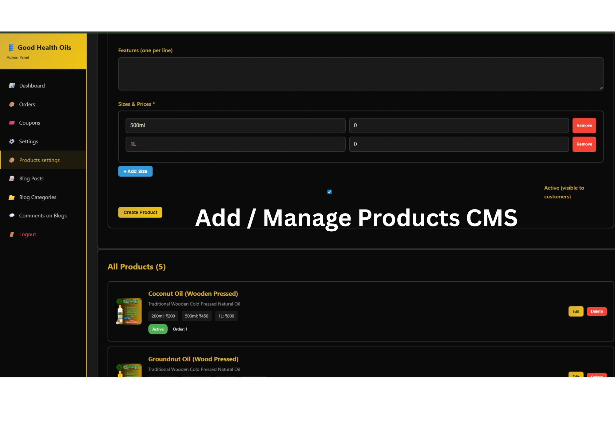 E commerce website add manage products