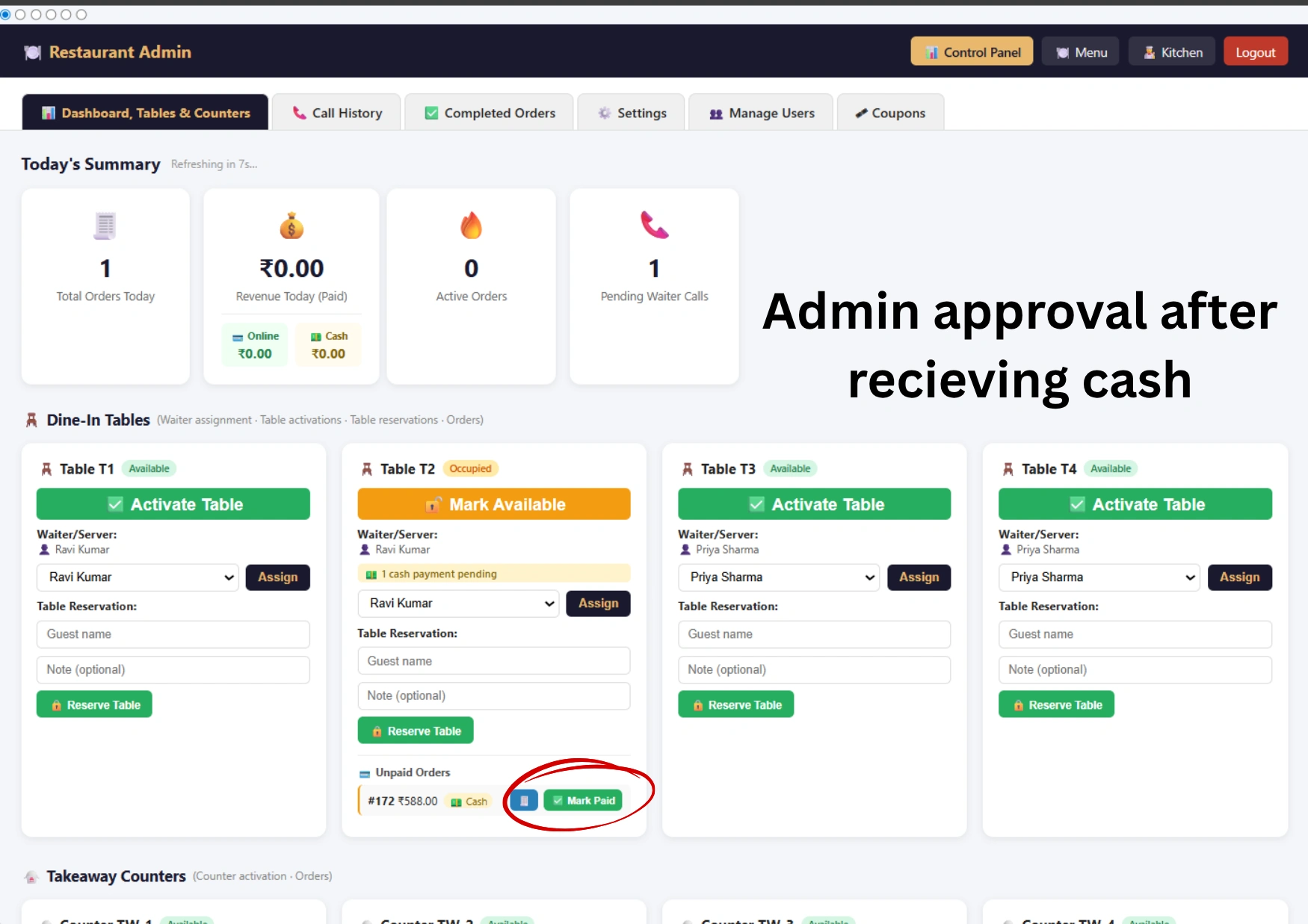 Smart restaurant cash payment admin approval