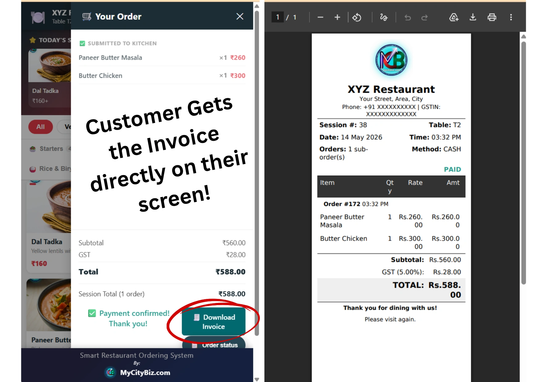 Smart restaurant onscreen invoice