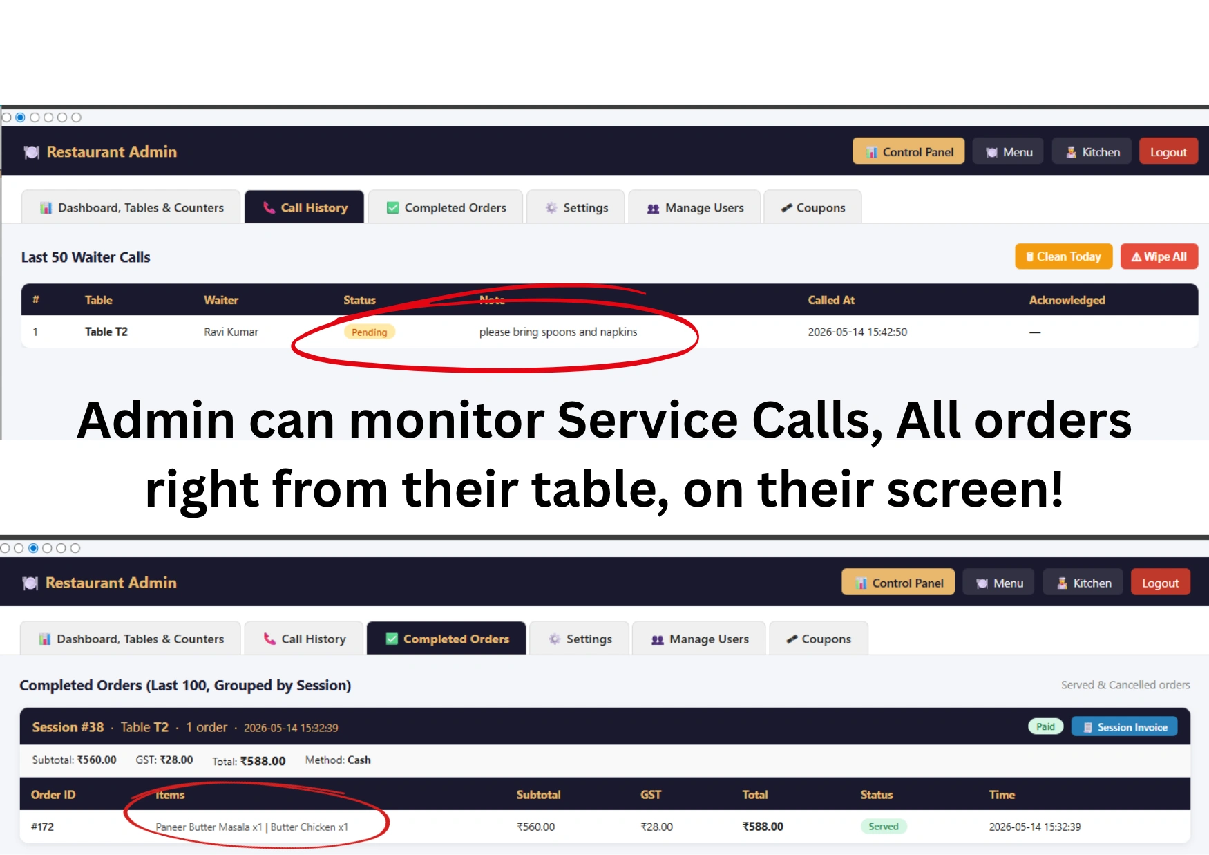 Smart restaurant admin control