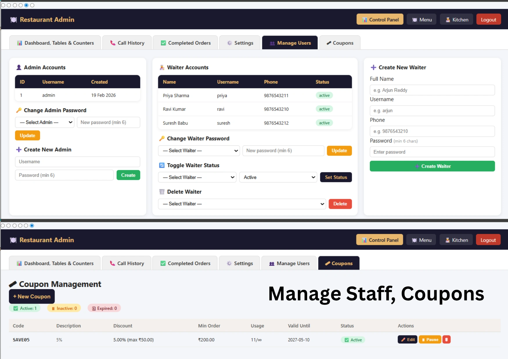 Smart restaurant admin panel staff management
