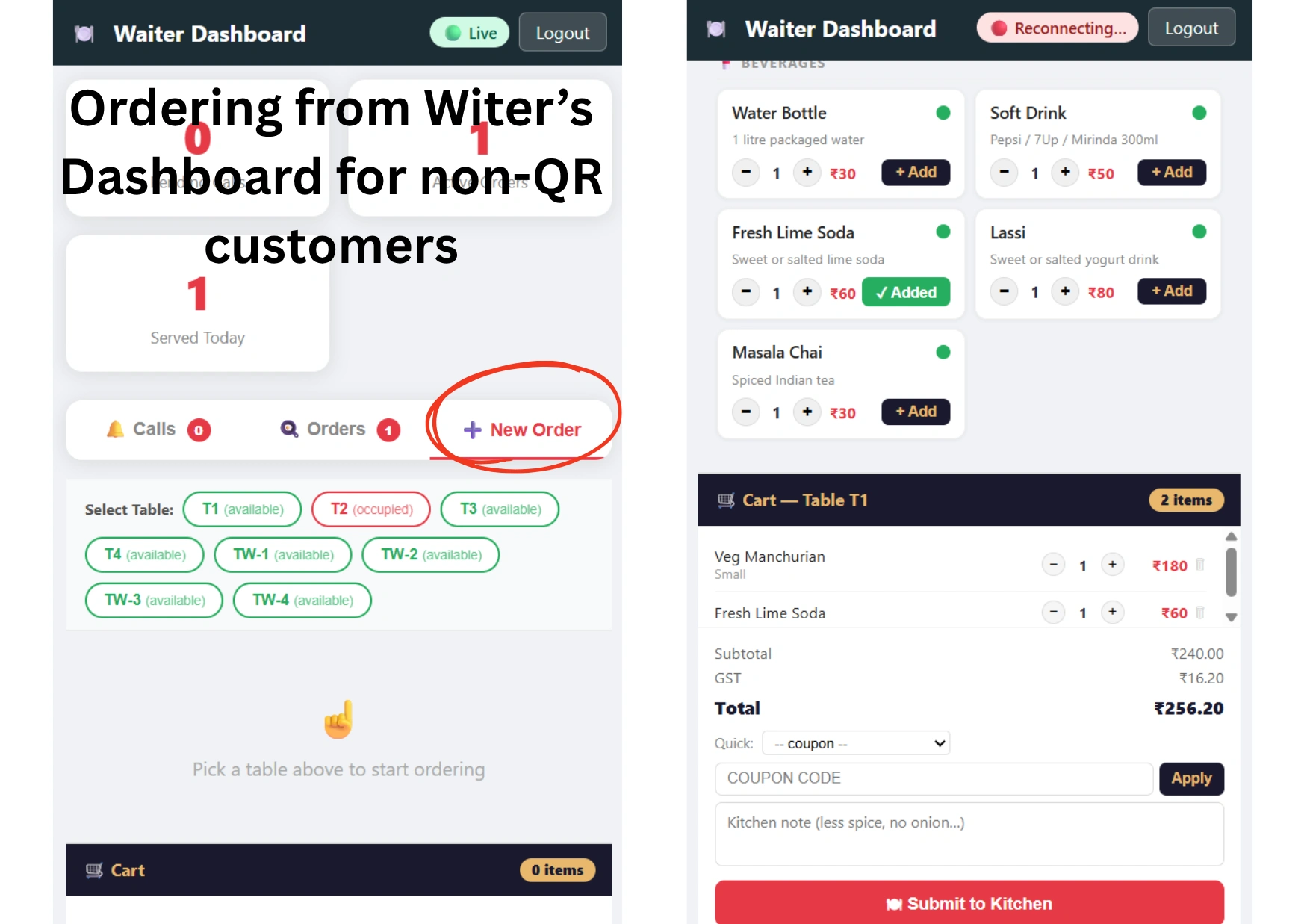 Smart restaurant order from waiter dashbord
