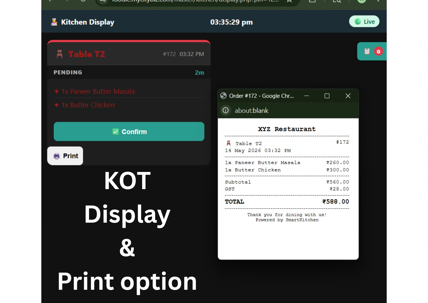 Smart restaurant KOT kitchen display